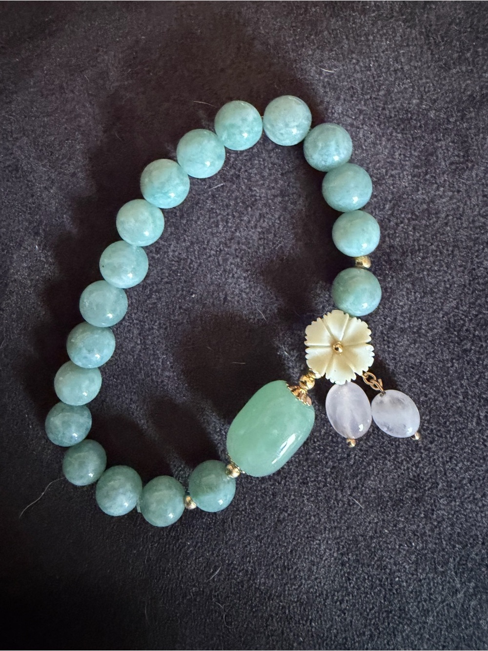 Green Beaded Stretch Bracelet with Floral and Gemstone Charms